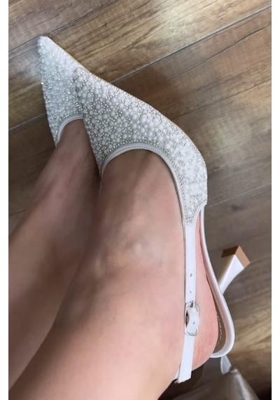 Feles Gelinlik Ayakkabısı Taş Detaylı Arkası Açık Stiletto Kadın Topuklu Ayakkabı Beyaz