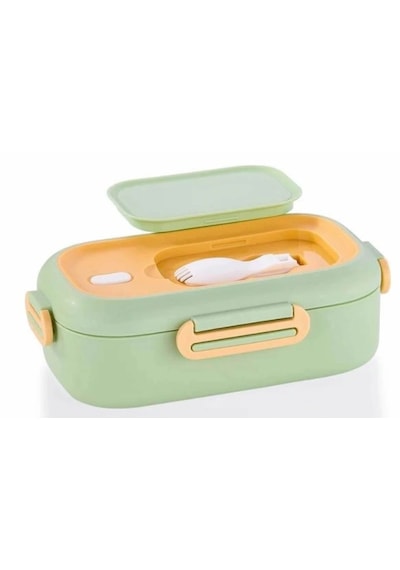 Vagonlife Paslanmaz Çelik Beslenme Kabı Lunchbox Tek Katlı 2 Bölmeli Çatal-kaşıklı 550 Ml Yeşil Yeşil - Sarı