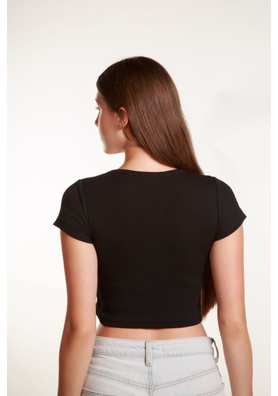 Mea Capio Kadın Fitilli Crop Kare Yaka Fitilli Kısa Kollu T-shirt Atlet Siyah