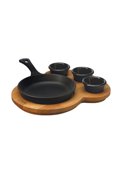 Lava Döküm Yuvarlak Kızartma Tavası Yekpare Saplı Kayın Ahşap Altlık. Çap(Ø)16cm. (Bu ürüne sos kapları dahil değildir)