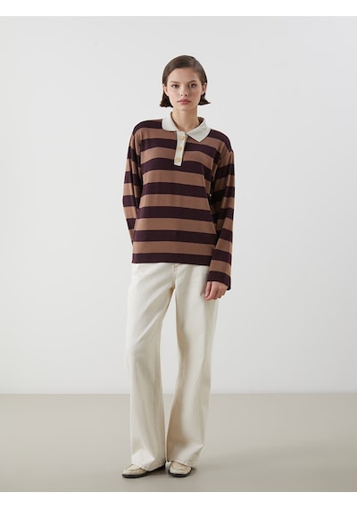 Lcwaıkıkı Classic Bordo Polo Yaka Çizgili Kadın Tişört