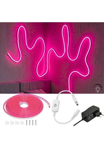 Neon Led Şerit Işık 5 Metre Dimmer Buton Dekoratif Ambiyans Işık, Pembe