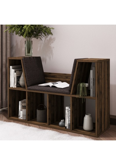 Livora Minderli Kitaplık - Oturma Alanlı 103 Cm Minimalist Tasarım Ceviz