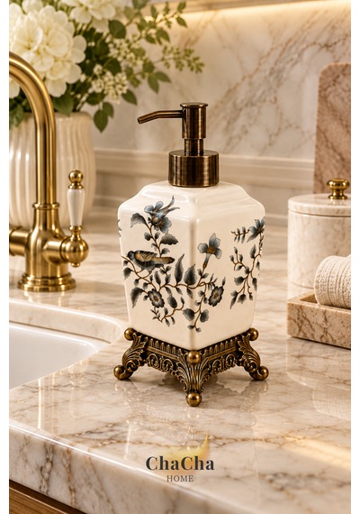 Chacha Home Aurelia Seramik Sıvı Sabunluk 470 Ml Antik Bronz Görünümlü Ayaklı Ve Pompalı 22 Cm Açık Gri