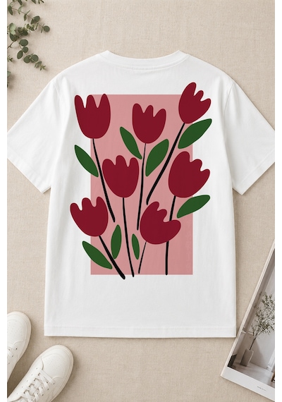 Spoyi Lale Bahçesi Tasarımlı %100 Pamuk Yarım Oversize Beyaz T-shirt