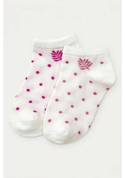 Cocole Socks Kız Bebek Patik Çorabı 2 Li Set Pamuklu Ekru Zemin Üzeri Fuşya Puantiye & Yaprak Desenl Çok Renkli