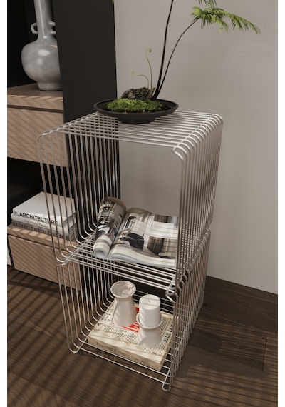 Miami Minimalist Metal Tel Yan Sehpa Modern Küp Yan Sehpa & Modüler Kitaplık Gümüş