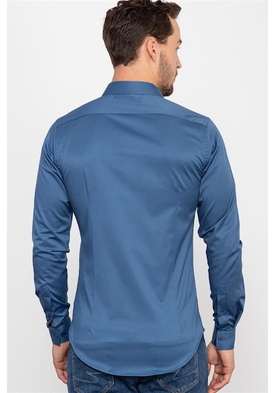 Tudors Slim Fit Dar Kesim Likralı Düz Saten Erkek Gömlek-19937 Mavi