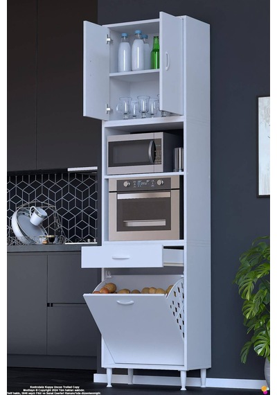Belin 60 Cm Fırın Dolabı Kahve Köşesi Kapaklı Sepetli Mutfak Kiler Dolabı Banyo Dolabı 60x226x32 Cm Beyaz