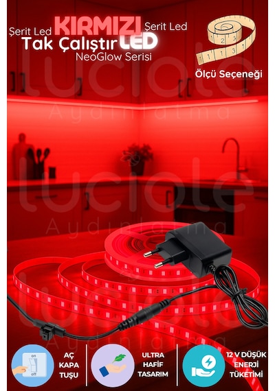 4 Metre Neoglow Led Aydınlatma Şeridi Kırmızı Renkli 60 Çipli 12v Tak Çalıştır Işık Bandı Seti