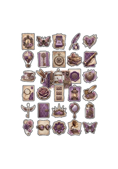 30 Adet Romantik Steampunk Sticker Seti - Laptop Defter Telefon İçin Vintage Estetik Çok Renkli