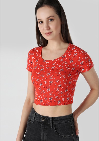 Colins Slim Fit Yuvarlak Yaka Çiçekli Kadın Kirmizi Kısa Kol Tişört Cl1063447 Q1.v2 Crl MERCAN
