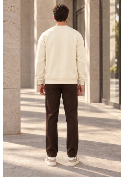 Polo State Erkek Bisiklet Yaka Oversize Dikiş Detaylı Basic Sweatshirt - Ekru