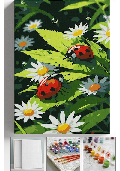 Sayılarla Boyama Seti Numaralı Tuval Fırça Boya Askı Aparatı Dahil Set 40x50 Cm - Uğur Böceği Papatya