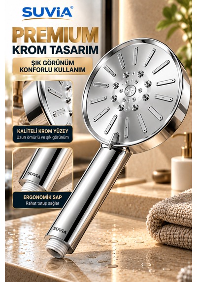 Duş Başlığı Xxl Duş Sistemi 5 Fonksiyonlu 130 Mm Geniş Başlık Yüksek Basınçlı Krom El Duşu