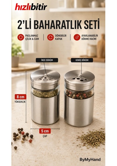 Bymyhand Çelik Cam Ev Lokanta Ve Restoran İçin Tuzluk Ve Karabiberlik 2'li Set Metalik Gri