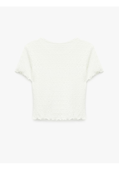 Koton Slim Fit Kısa Kollu Dokulu Bisiklet Yaka Crop Tişört Ekru 6sal10010ık Ekru