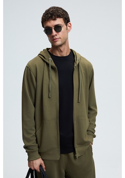 Grimelange GAGE Erkek Kapüşonlu Metal Kuş Gözü Detaylı Fermuarlı Kordonlu Cepli Haki Sweatshirt