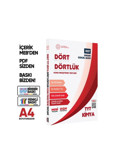 2027 YKS-TYT MEBİ-OGM Dört Dörtlük Pekiştirme Testi Soru Bankası Çözümlü Set BASKI ÜCRETİ A4 Renkli