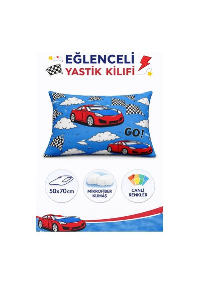 Lüks%80 Pamuklu Tek Kişilik Nevresim Takımı Çocuk Desen Kırmızı Araba Desen + Lastikli Çarşaf +1 Adet Yastık Kılıflı Mavi-araba Çok renkli