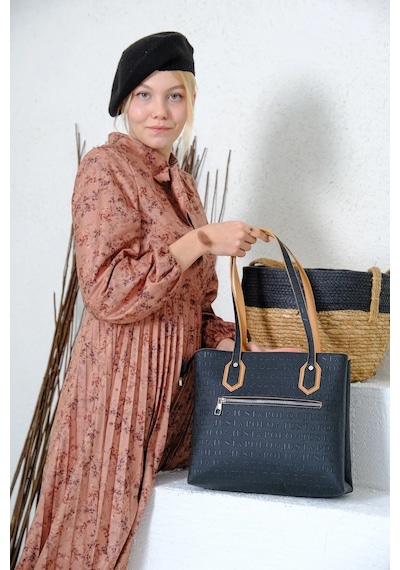 Just Polo Kadın Gofraj Baskılı Büyük Boy El Çantası 4028 Siyah - Camel 09084110