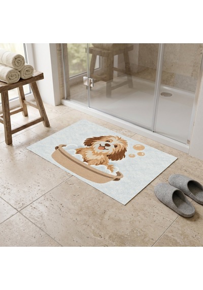 Kartela Halı Köpek Desenli Banyo Paspası Mavi Kaymaz Taban Makinede Yıkanabilir 50x75 Cm