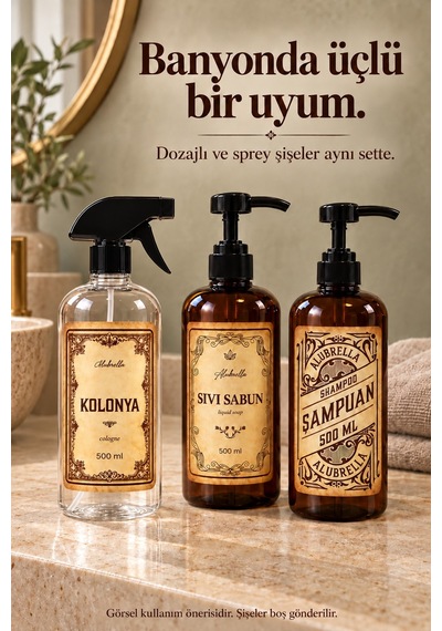 Alubrella 500 Ml 2 Amber Pompalı Ve 1 Şeffaf Sprey Boş Şişe Seti Ve Banyo Etiketleri