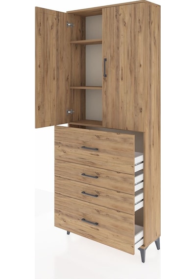 Arges Dolap 3 Raflı 4 Çekmeceli 2 Kapaklı 88x30x221 Çam-çam Çam