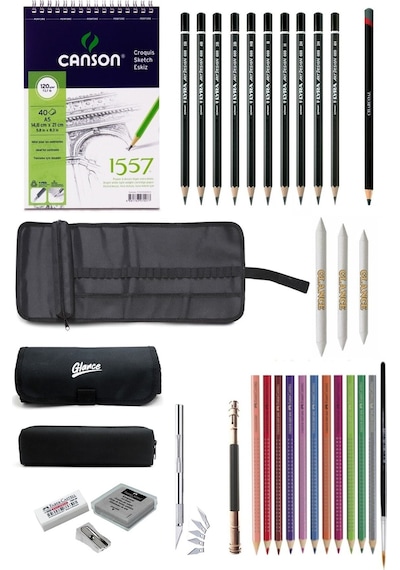 Canson A5 Eskiz Defteri 120 Gr Lyra Dereceli Kalem Faber Aquarel Kalem Rulo Çantalı Çizim Eskiz Seti