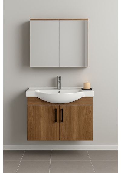 DMZ Home Concept Nova 80 Cm Ahşap renkli, Tamamı Mdf, Oval Seramik Lavabolu, Alt ve Üst Dolaplı