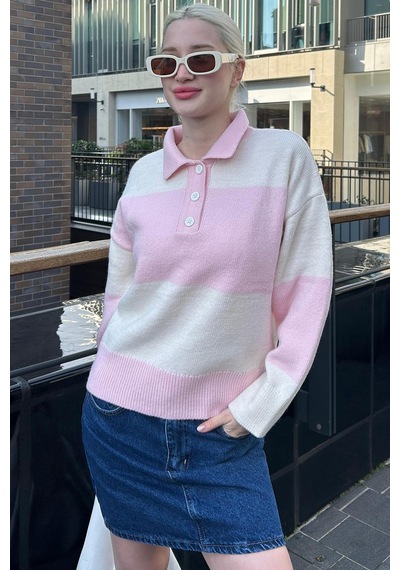 Madmext Pembe Düğmeli Polo Yaka Çizgili Kadın Kazak Mg2286 Pembe