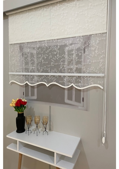 İncilifehome İcl4003 Çift Mekanizmalı Dal Desenli Tül Ve Stor Perde Kırık Beyaz Kırık Beyaz