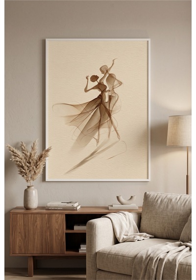 Beyaz Ahşap Çerçeveli Soyut Dans Eden Figür Modern Minimalist Duvar Tablosu Beyaz