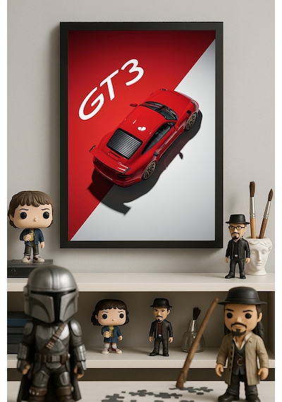 Porsche Gt3 Siyah Ahşap Çerçeveli Poster, Dekoratif Araba Duvar Tablosu