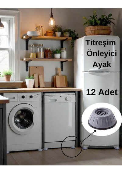 12 Adet Beyaz Eşya Ayağı Çamaşır Bulaşık Makinası Buzdolabı Yükseltici Titreşim Gürültü Önleyici Gri Diğer