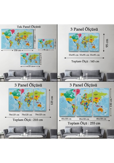 Dünya Haritası Ülke Başkentli Okyanuslu Ve Dekoratif Kanvas Tablo 2245 95 X 55