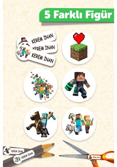 Okul Etiketi Kalem Defter İsimli Etiket Isim Yazılabilen Minecraft - 190 Adet Özel Yeni Tasarım