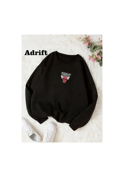 Tarzsokak Minimal Bulls Renkli Oversize Bisiklet Yaka Pamuklu Sweatshirt Siyah