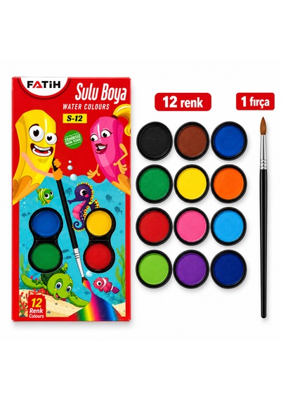 Fatih Sulu Boya 12 Renk 12 Tablet + 1 Fırça Çok Renkli