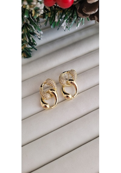 Pirinç Zirkon Taşlı Zincir Model Gold Renk Küpe Altın