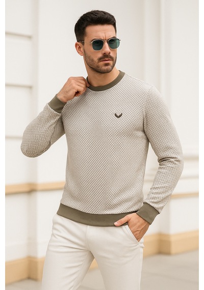 Rich Erkek Bej Kare Desenli Bisiklet Yaka Sweatshirt Bej