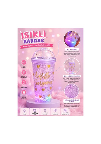 Led Işıklı,pipetli ,simli Pullu Desenli Çocuklara Sevimli İçeçek Bardağı Mor Kalp Mor Kalp