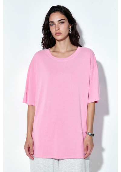 Hiccup Busem Yırtmaç Detaylı Bisiklet Yaka Kısa Kollu T-shirt Allık Pembe