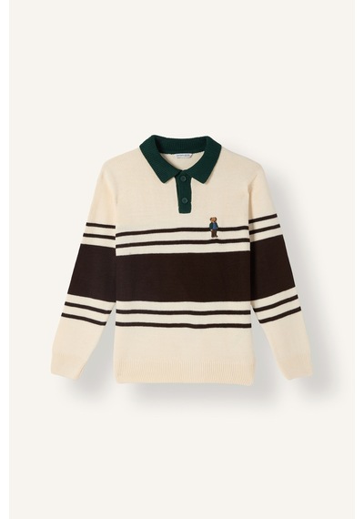 Defacto Oversize Çizgili Ayıcıklı Polo Yaka Triko Kazak Erkek Çocuk I0441a826wnbg734 Bej-bg734
