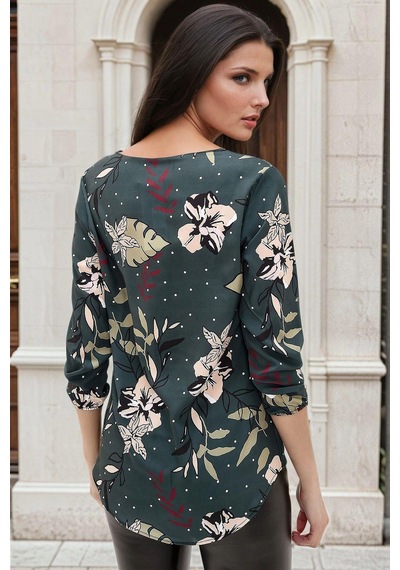 WeShaya Petrol Yeşili, Floral Desenli, Lastikli Uzun Kol, Bluz Petrol