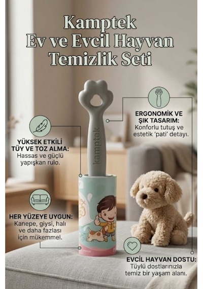 Kamptek Patili Kedi Köpek Tüy Toplama Rulosu - Yüksek Yapışkanlı Evcil Hayvan Tüy Temizleyici Roller + Kolay Soyulabilir Yapraklar 120 Yaprak 2 Adet
