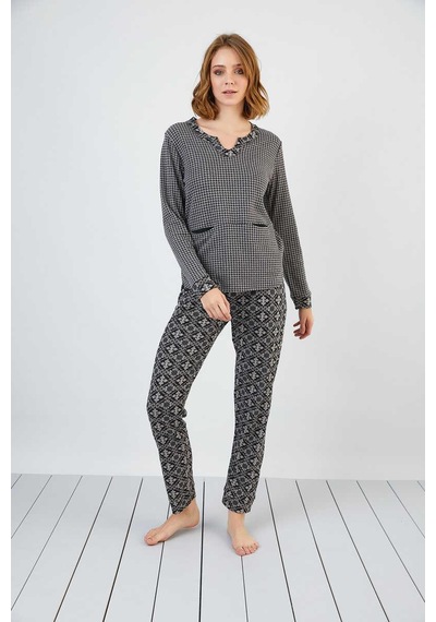 Sevim 13174 Kadın V Yaka Cepli Jakar Pijama Takım 001