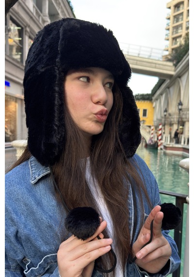 Mollycrush Genç Siyah Peluş Ponponlu Pilot Şapka Uniseks Kışlık Ushanka Tarzı Siyah