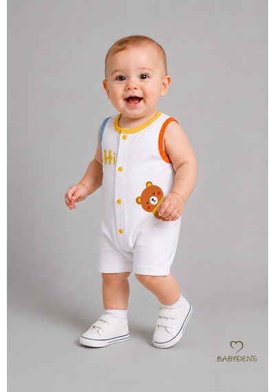 Babyden's Erkek Bebek Tulum Yazlık Pamuklu Şortlu Çıtçıtlı Ayıcık Baskılı Bebek Tulumu Yenidoğan Bebek Giyim 0-9 Ay Beyaz