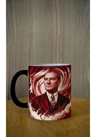 Kişiye Özel Kırmızı Beyaz Renk Tasarımlı Atatürk Görsel Temalı Sihirli Kupa Bardak Kırmızı - Beyaz